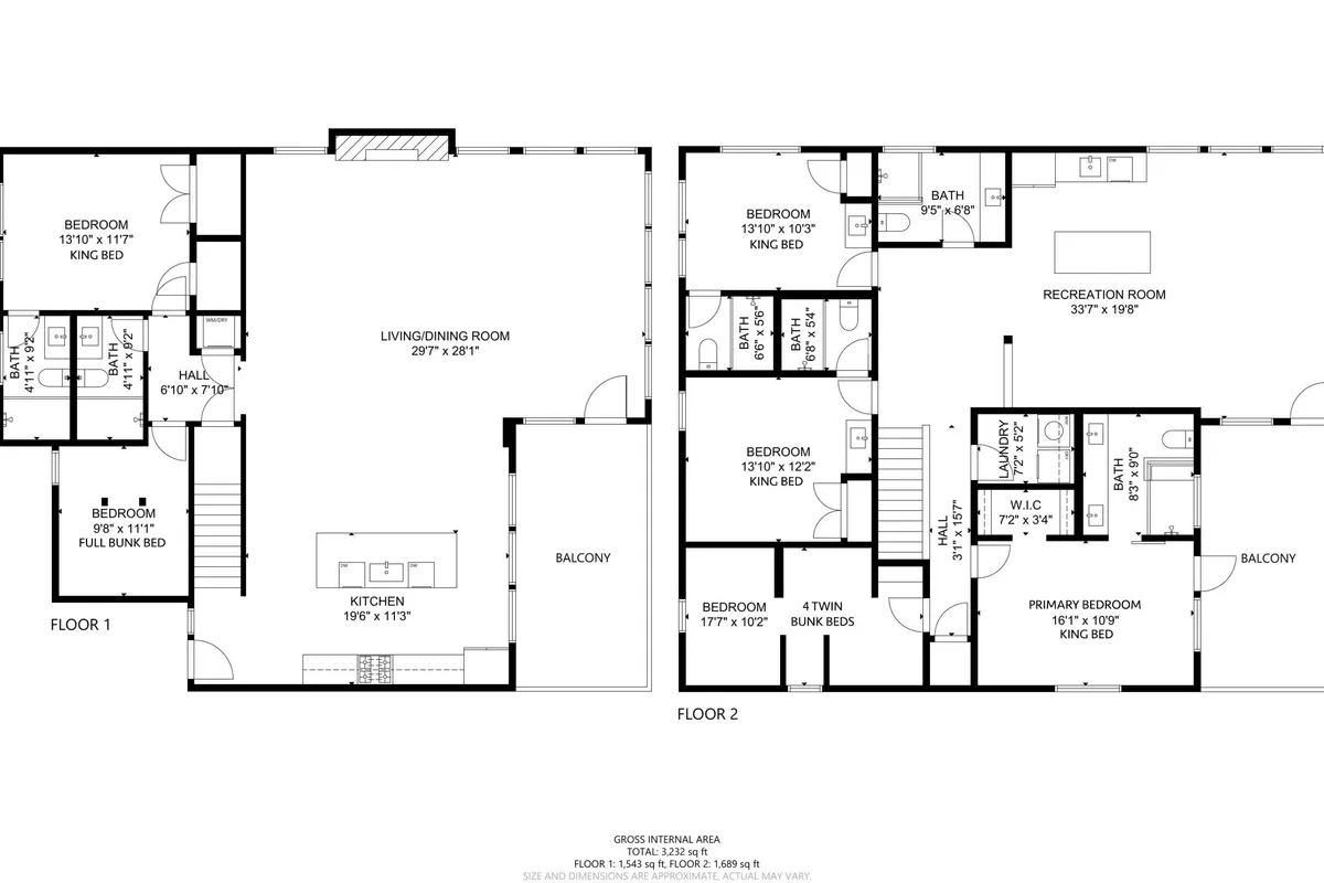 A spacious, open-plan living area flows seamlessly into a balcony overlooking the outdoors. The living room, kitchen, and primary bedroom are visible, with the balcony offering a spot for relaxation after a day outside.